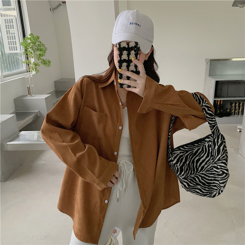 Real shot spring and autumn harbor style solid color retro corduroy thickened loose medium length long sleeve shirt coat female winter