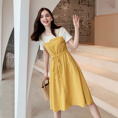 French fake two-piece dress women's new summer mid long waist slim retro style Platycodon skirt