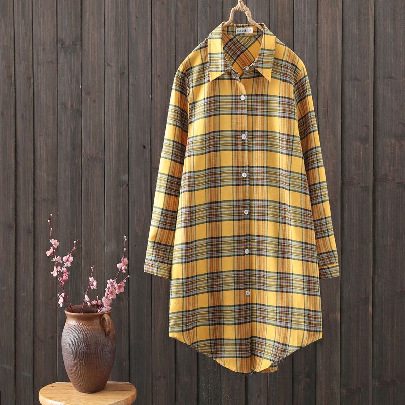 Cotton plaid shirt women's sense of design niche early autumn new Hong Kong style retro coat loose long sleeve medium length shirt