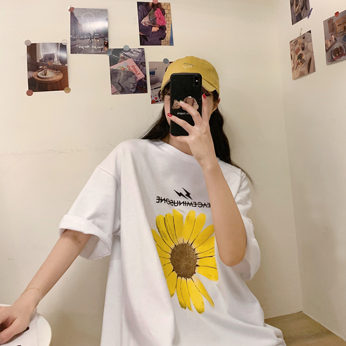 官圖韓版新款國潮印花殘菊短袖恤女
