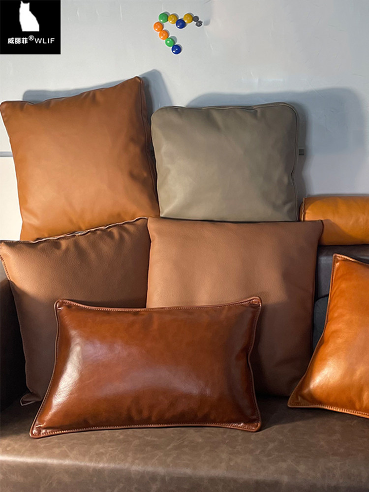 威丽菲覆古真皮羽绒靠垫轻奢沙发抱枕头层牛皮腰枕靠背客厅用百搭
