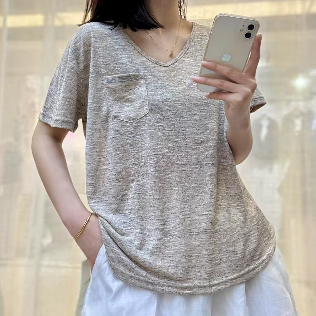 工厂店批短袖t恤女铜珠设计时尚u型领夏韩版银色薄t透气弹力简约