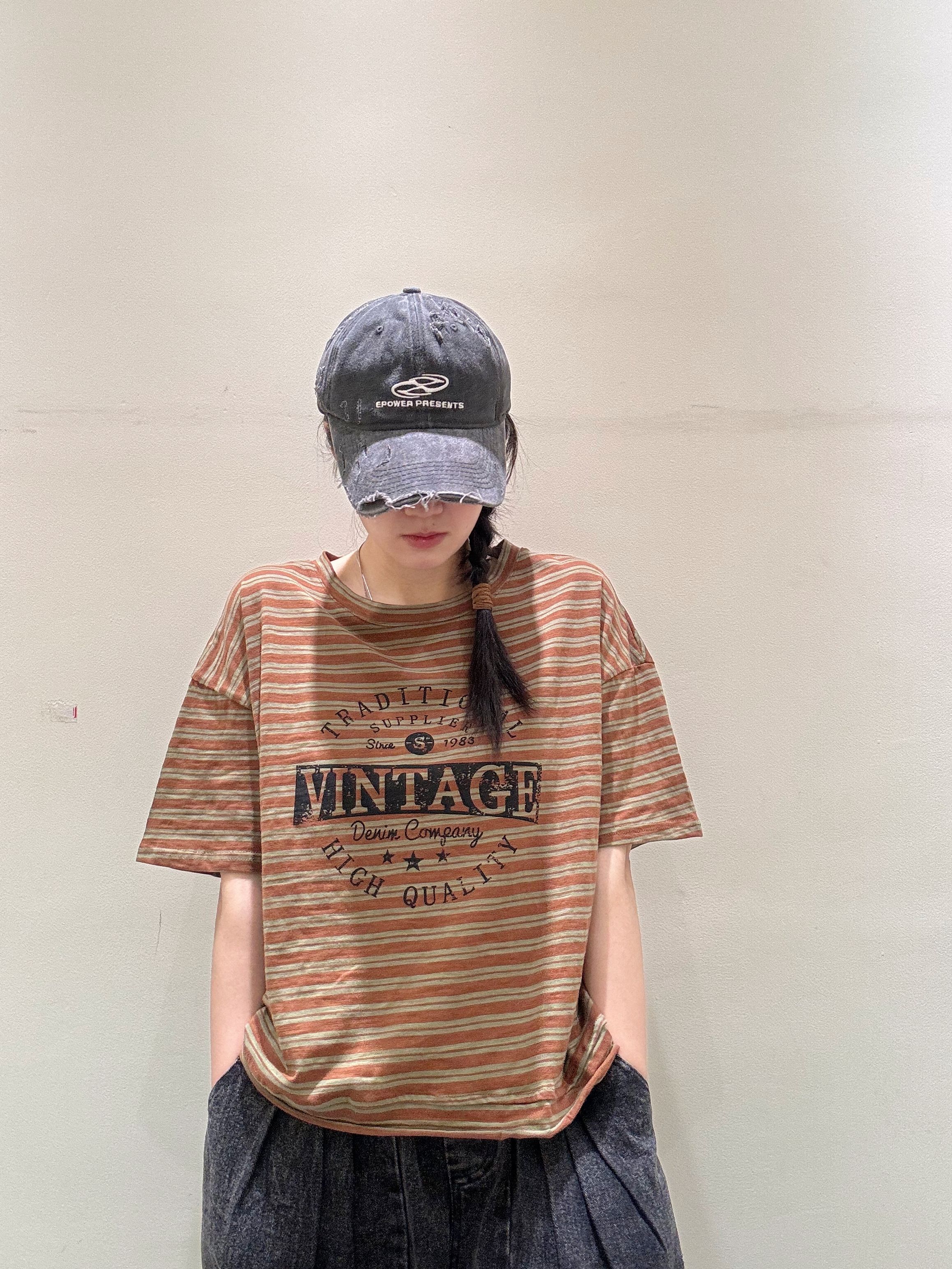 圆领短袖印花条纹t恤夏宽松女vintage竹节棉透气舒适凉爽复古做旧