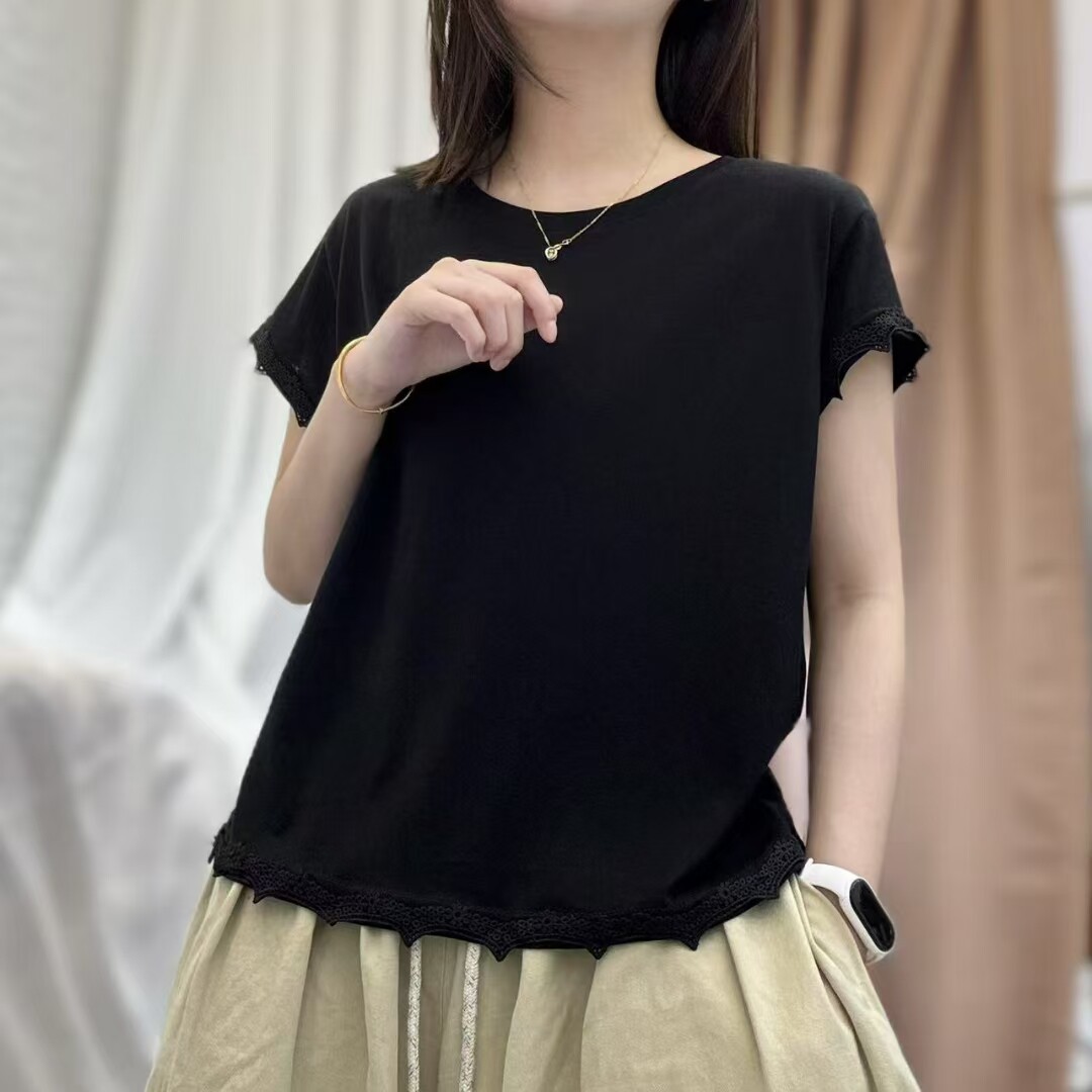 圆领短袖t恤夏宽松女vintage雪花棉凉爽复古花边做旧3275特色下摆