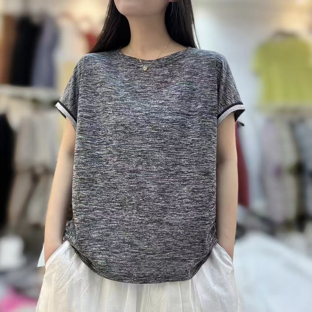 工厂店批短袖t恤女铜珠辅料时尚圆领夏韩版爆银色雪花麻棉透气