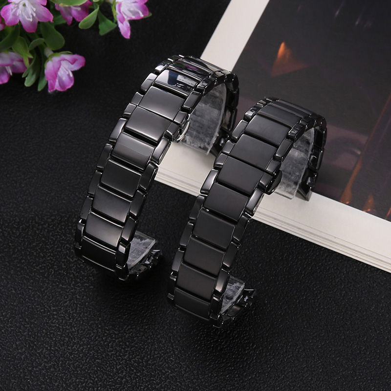 黑色陶瓷手表带适配阿玛尼AR1452/1451男士防水手表链配件22/24mm