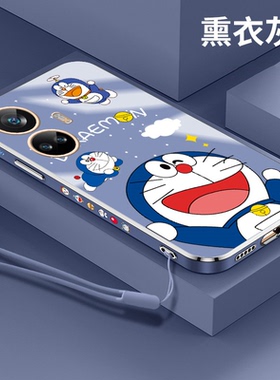 可爱蓝胖子适用opporealme真我10手机壳电镀realme10pro+软壳5g新款plus挂绳套机器猫卡通多啦a梦男女情侣套