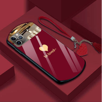 适用苹果12手机壳iPhone12pro椭圆形爱心玻璃12promax补妆镜子化妆送流苏带手绳网红弧形防摔情侣硅胶硬壳套