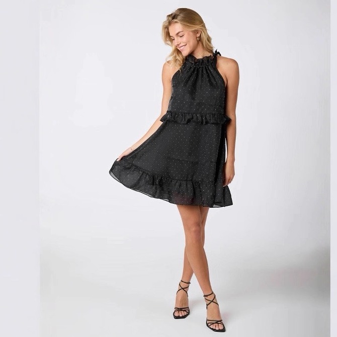 纯元 北欧小众ne0 n0ir 削肩绑带无袖连衣裙爆闪烫钻木耳边短裙女