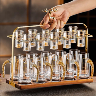 水晶金箔子弹杯一口杯白酒杯家用带把金箔分酒器带鹿头杯架套装