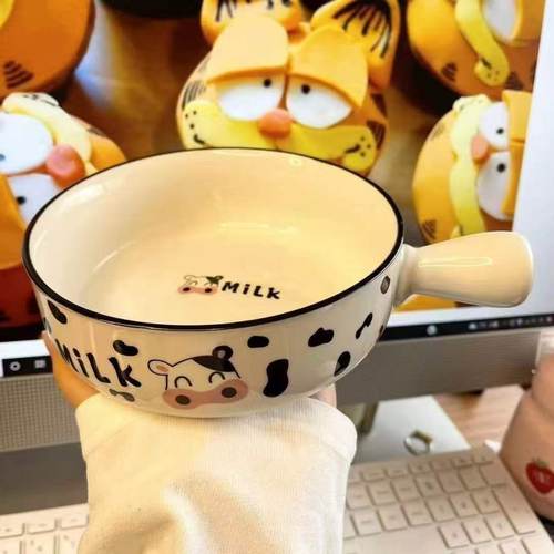 奶牛手柄碗女生高颜值碗个人专用创意卡通碗网红可爱碗勺餐具组合