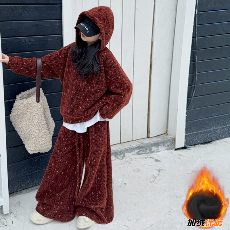 韩系双面绒连帽卫衣阔腿裤套装