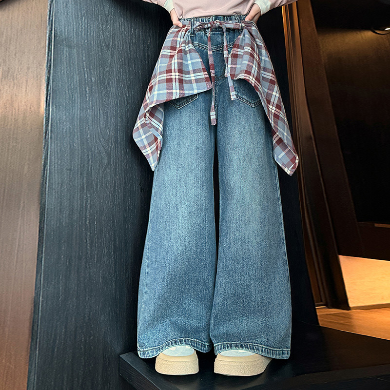 女童春秋格子屁帘牛仔阔腿裤