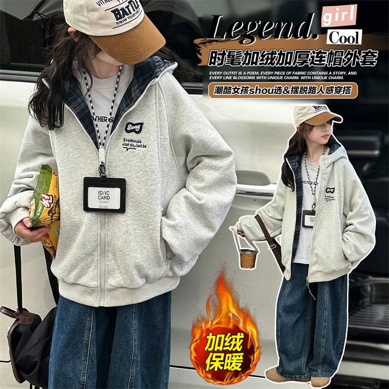 女童秋冬款加厚格子拼接外套