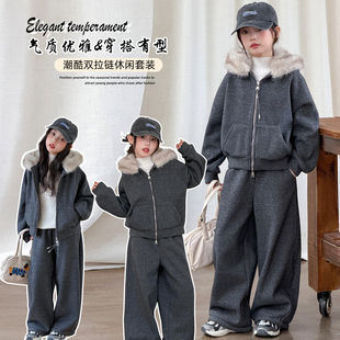 女童冬装加绒加厚休闲韩系女孩大童一体绒连帽外套运动裤冬季套装