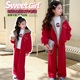 女童冬装新年服一体绒套装休闲中大童加绒加厚红色连帽外套运动裤