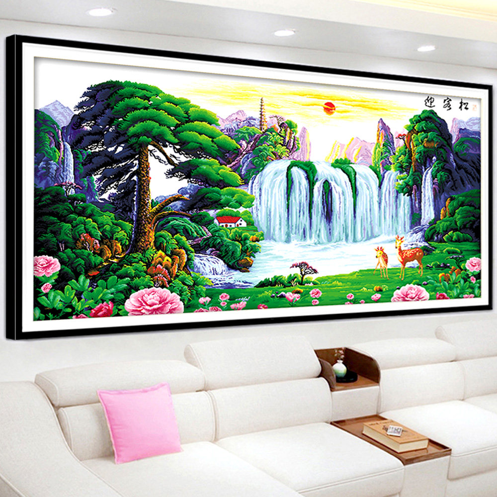 简约现代印花十字绣2023线绣款新款风景客厅大幅满绣迎客松福禄版