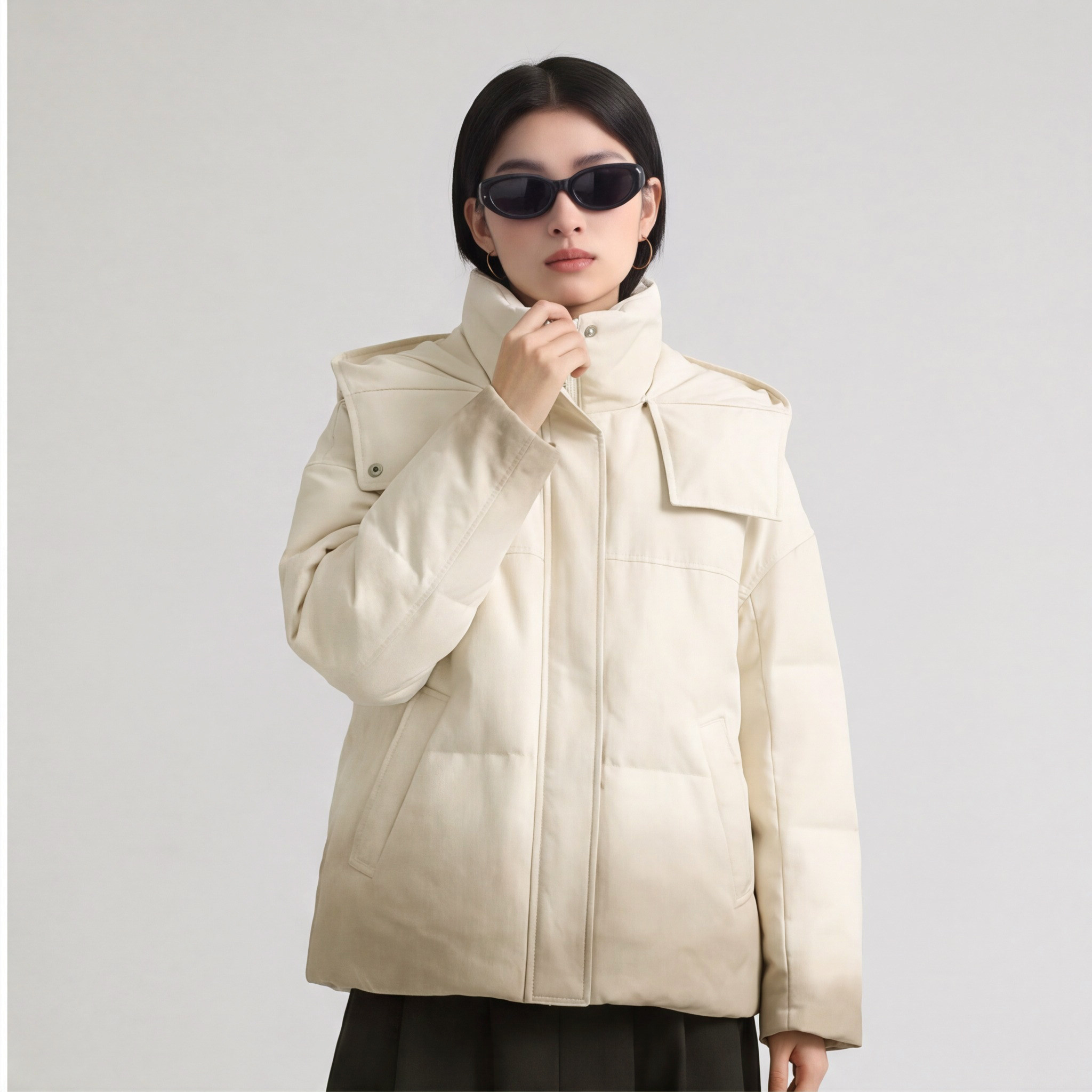 卡帕苏 90%白鸭绒中戏连帽加厚保暖渐变色宽松羽绒服外套女中长款