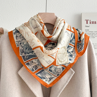 英伦格子70仿真丝棉麻小方巾女复古百搭系脖子小丝巾围巾薄款领巾