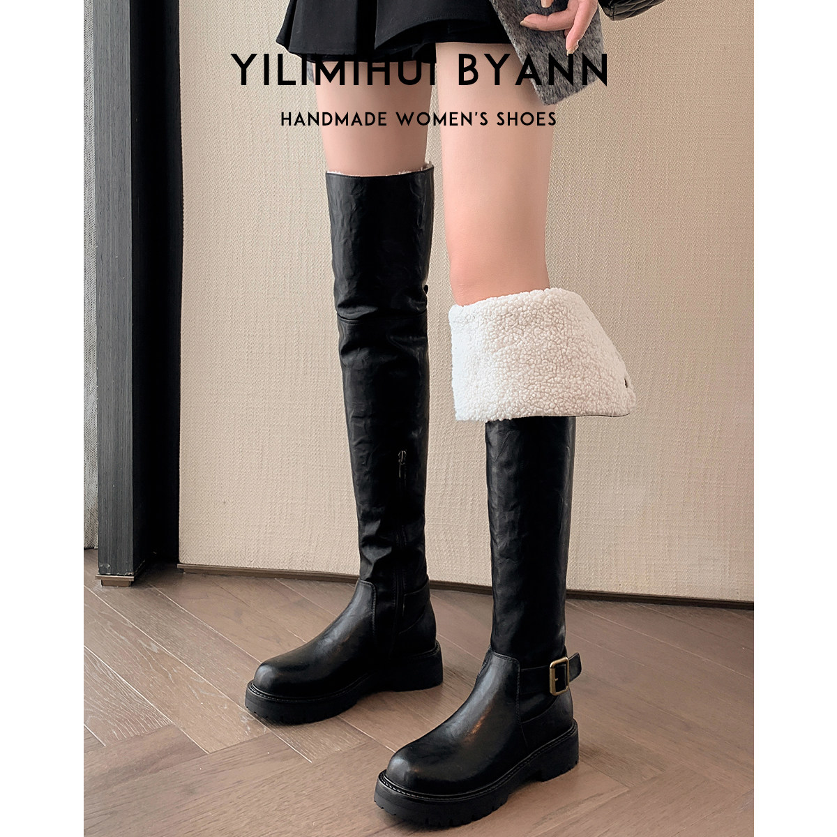 一力米灰韩版时装靴粗跟皮带扣