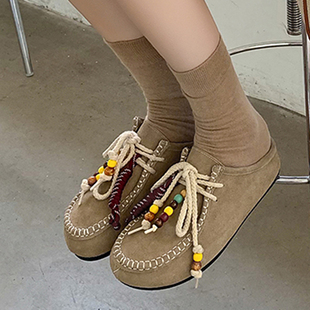 一力米灰2025年最新款勃肯鞋包头拖鞋绒面一脚蹬舒适厚底女鞋拖鞋