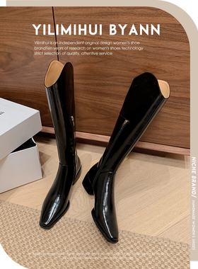 一力米灰 腿精bi备~！v口西部牛仔靴黑色骑士靴粗跟不过膝长靴女