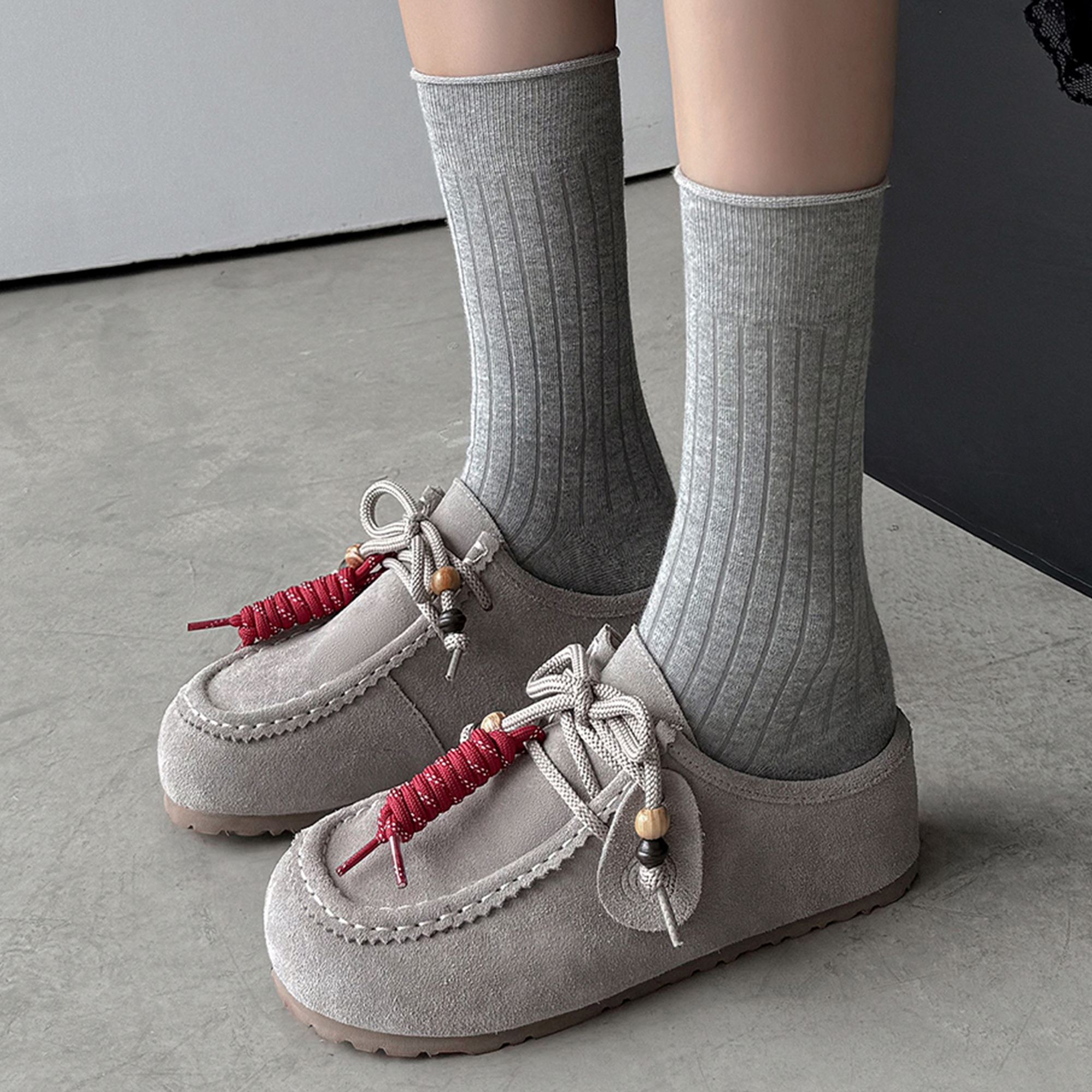 一力米灰勃肯鞋女百搭舒适2025年新款系带真皮圆头平底单鞋懒人鞋