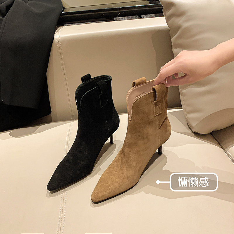 【一力米灰】秋冬小众v口细跟尖头翻皮高跟显瘦加绒短靴女款休闲