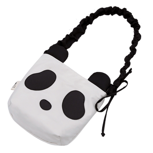 三色补丁熊猫抽绳挎包女2025春夏新款百搭卡通包包可爱学生斜挎包