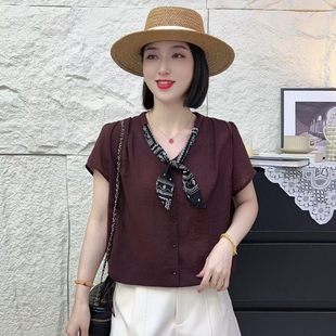 2025V領寬松遮肚子上衣單排扣氣質小衫 天絲襯衫 絲巾蝴蝶結泡泡袖