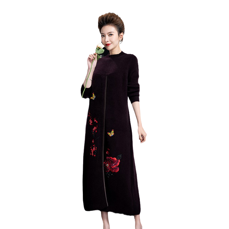 加厚刺绣狐狸绒连衣裙女绣花半高领中长款毛衣裙中国风羊毛连衣裙