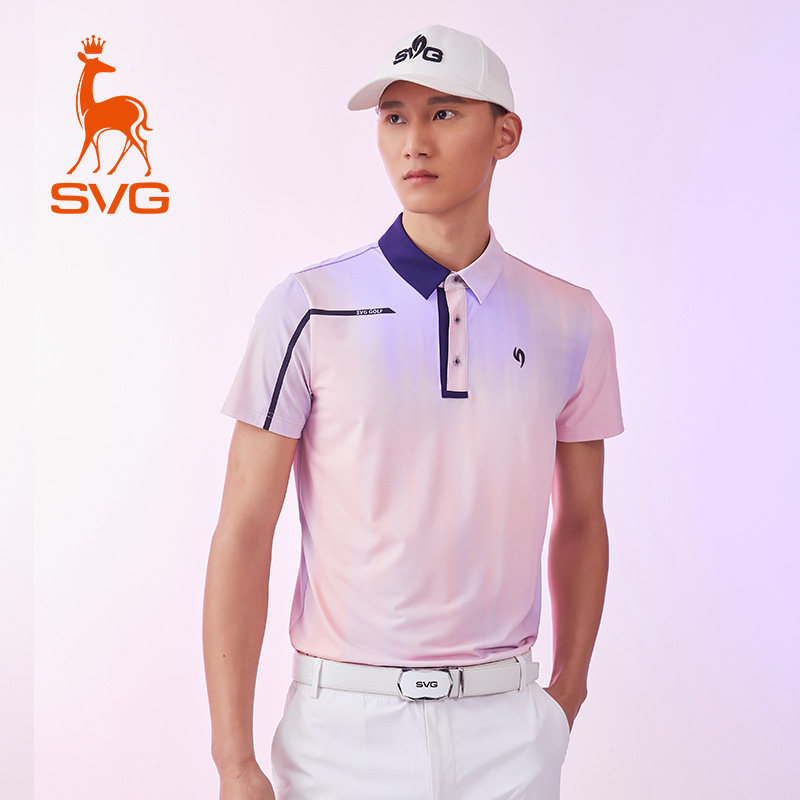 svg高尔夫夏款男装粉色渐变印花短袖t恤翻领POLO衫运动上衣
