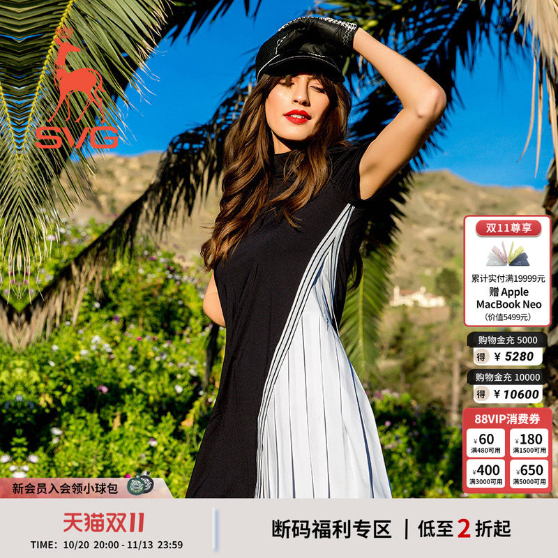 SVG高尔夫服装秋季时尚黑白撞色短袖连衣裙显瘦拉链立领运动女装