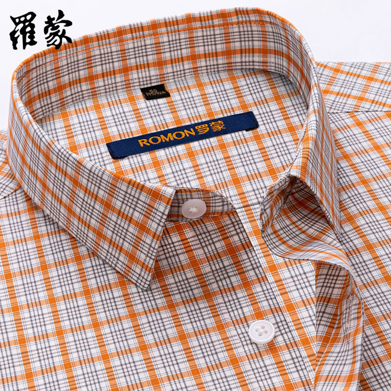 罗蒙黄格子时尚短袖衬衫男士中年休闲潮流百搭半袖衬衣2026夏季新