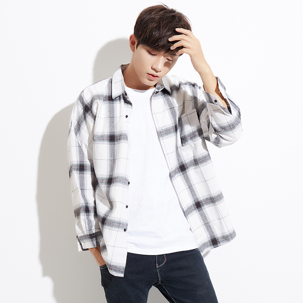 热销男衬衫_ 长袖 男生情侣落肩外套学生衬衣