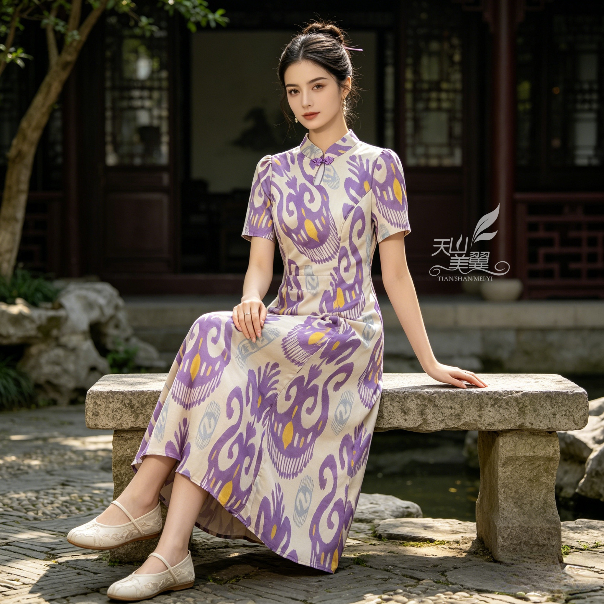 复古国风印花连衣裙女夏改良版旗袍裙中长款修身新疆民族风裙子