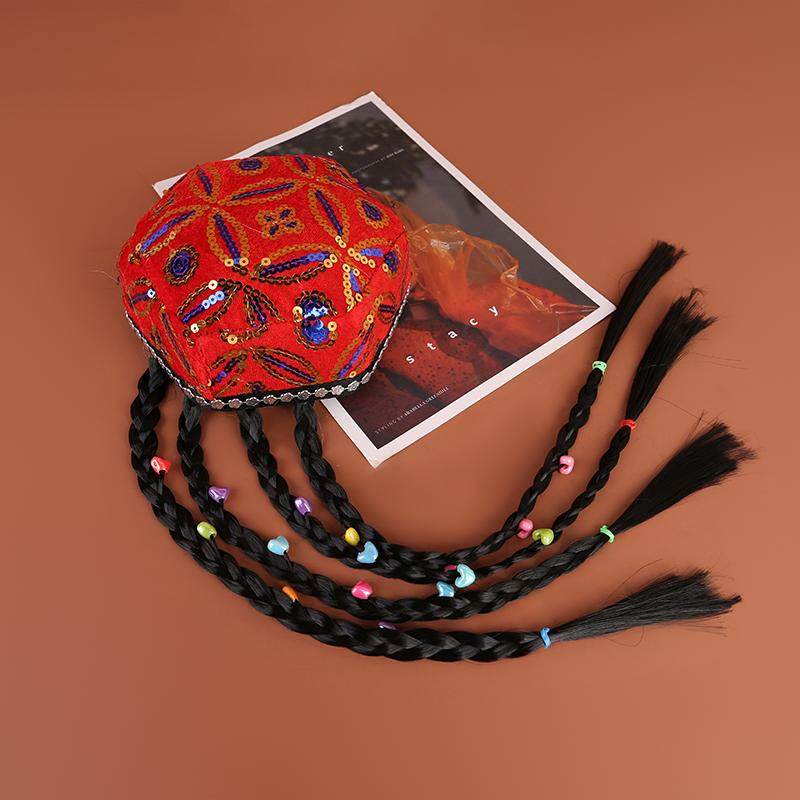 维吾尔族儿童六角帽民族舞蹈带仿真辫子亮片头饰新疆舞女孩演出帽