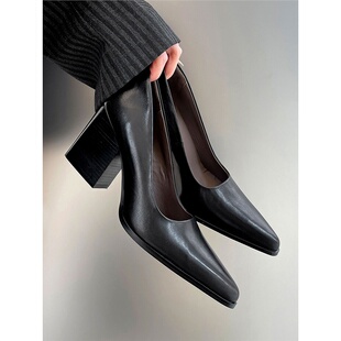 一脚蹬~2025春季新款复古尖头浅口8cm粗跟高跟鞋女百搭通勤单鞋