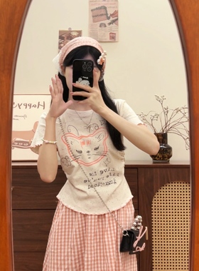 别致高级感彩虹灰波点正肩t恤女夏涂鸦猫咪印花短袖褶皱短款上衣