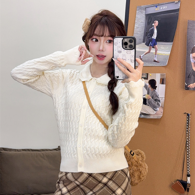 甜美杏色娃娃领花边长袖针织开衫