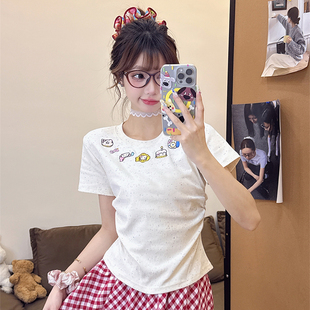显瘦减龄百搭上衣 ins卡通刺绣圆领正肩短袖 T恤女2025夏季 新款 修身