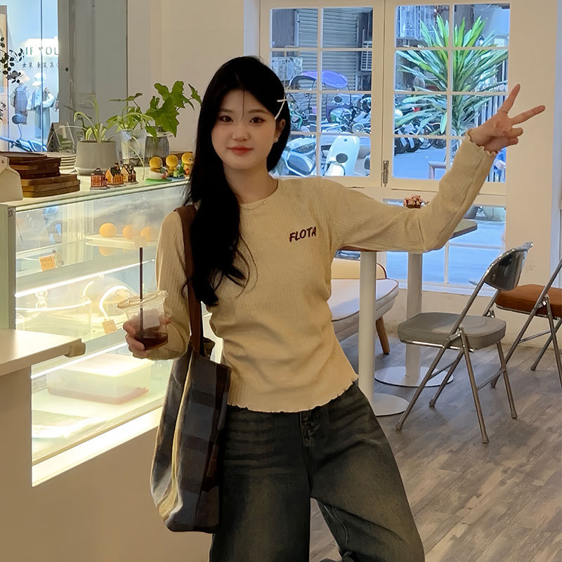 甜妹风收腰显瘦短款针织衫高级感字母刺绣长袖t恤上衣女秋季新款