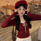 新年穿搭红色假两件针织打底衫 上衣新款 女蝴蝶结系带修身 内搭短款
