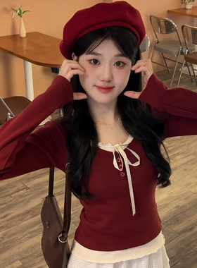新年穿搭红色假两件针织打底衫女蝴蝶结系带修身内搭短款上衣新款