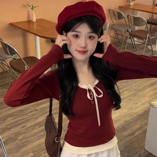上衣新款 内搭短款 女蝴蝶结系带修身 圣诞穿搭红色假两件针织打底衫