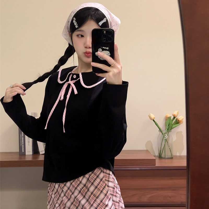 法式娃娃领长袖蝴蝶结绑带t恤甜妹风上衣打底衫女秋季内搭可外穿