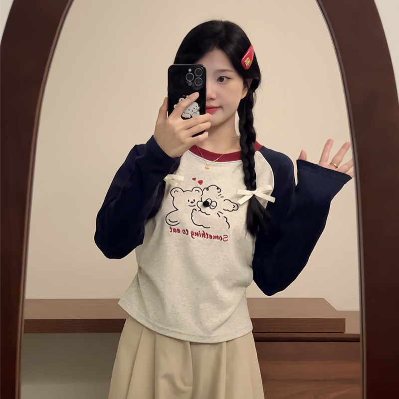 长袖t恤女韩版百搭撞色甜美上衣