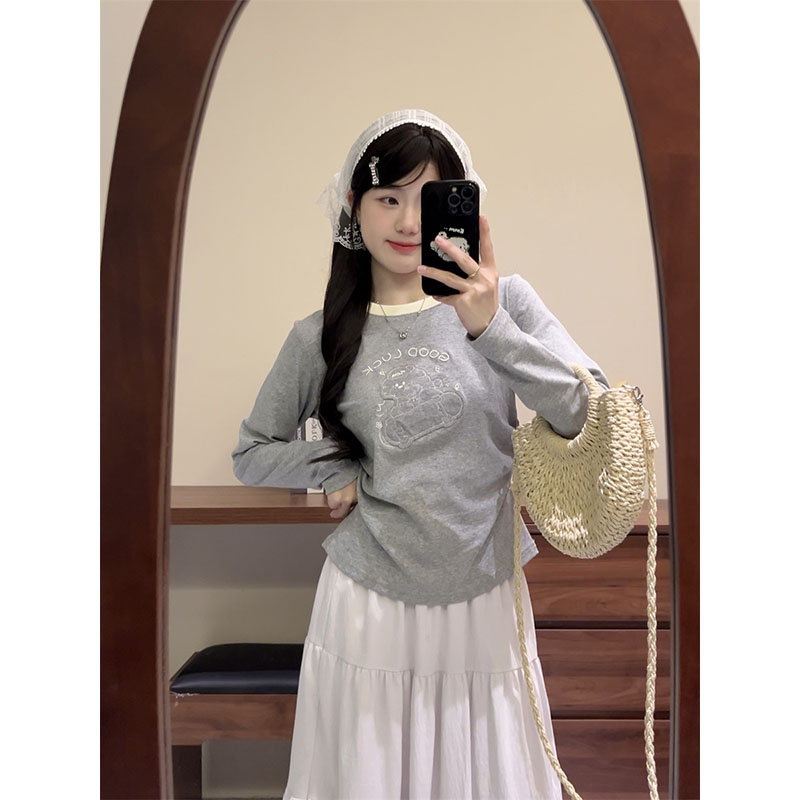 高级感撞色圆领长袖t恤女