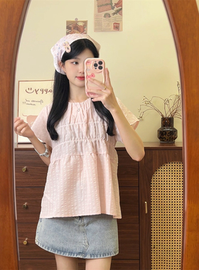 韩系短袖T恤女夏季新款温柔风小飞袖甜美少女格子宽松褶皱娃娃衫