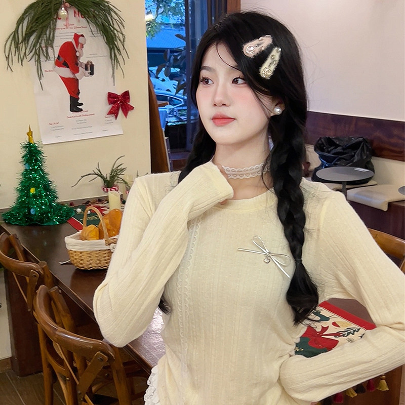独特别致蝴蝶结甜妹针织衫女秋季新款法式蕾丝拼接假两件长袖上衣